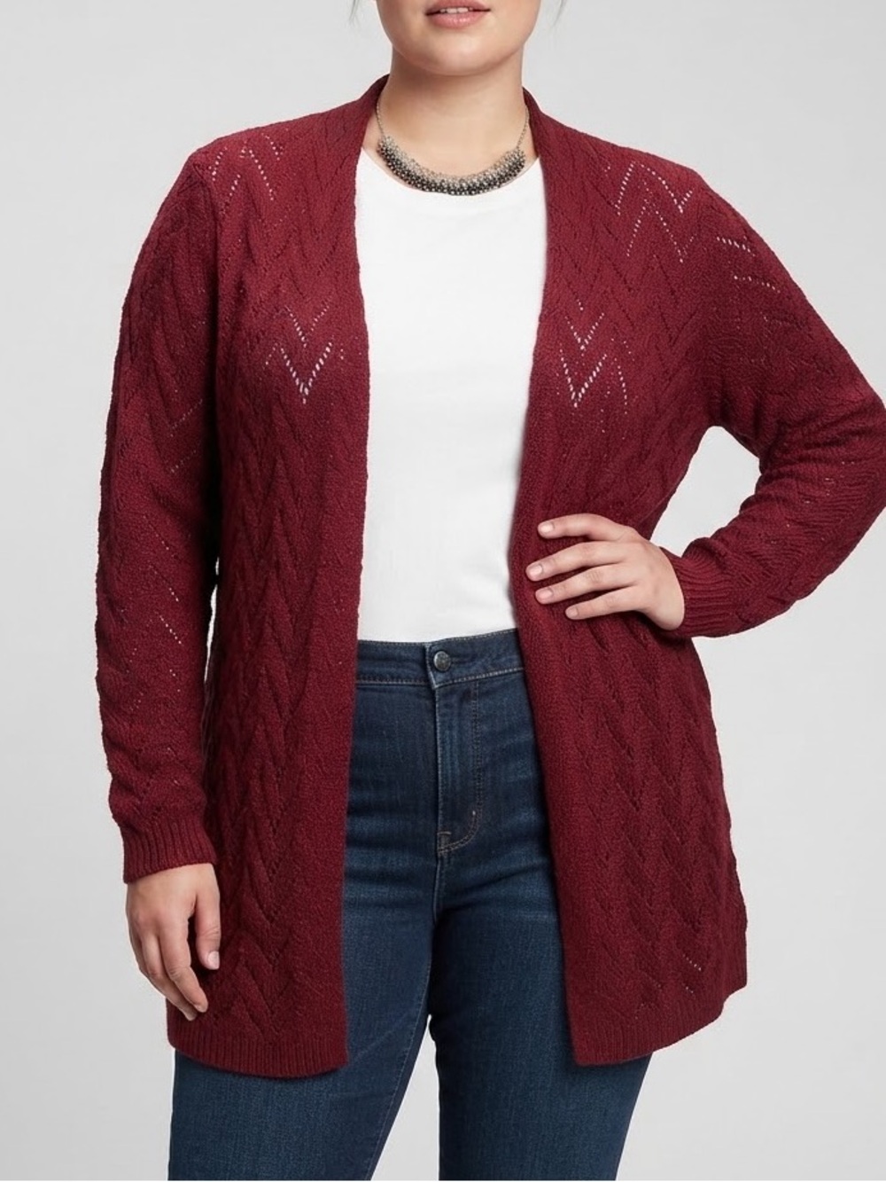 Burgundy Crochet-Look Knit Open Cardigan size XL